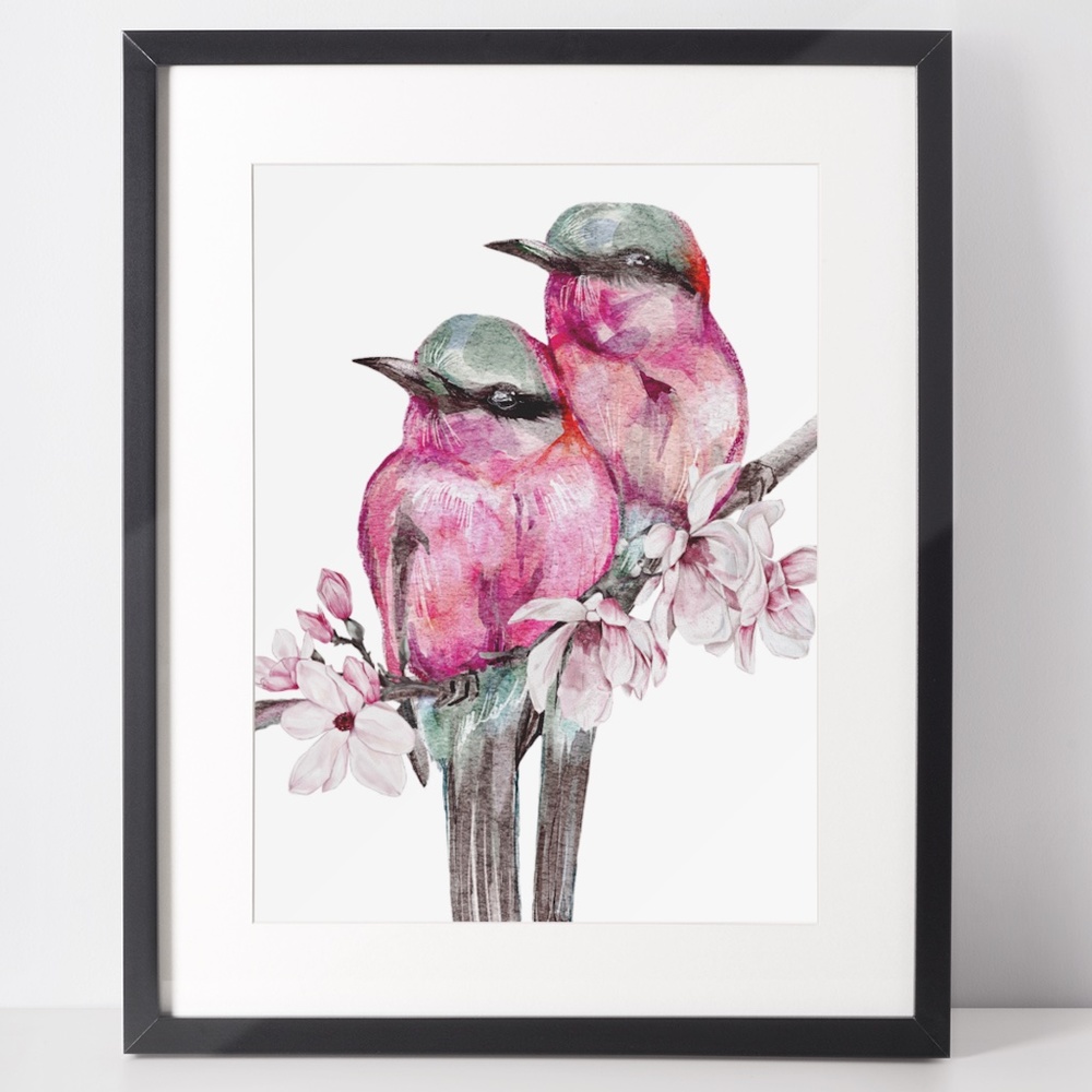Wall Art Cute Pink Birds Portrait Print Unframed - Picture 1 of 6